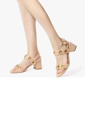 YDN Gold Open Toe Sandals Block Dressy Low Heels Backstrap with Buckle Shoe